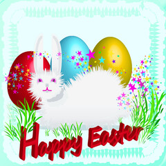Happy Easter. White rabbit,  grass,  eggs