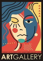 Abstract funky style girl portrait with playful colors and shapes. Contemporary art poster doodle design for gallery exhibition. Pop art vector illustration.