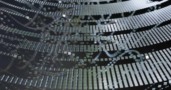 abstract technology background with metal elements, reflective components. simulation of hard drive defragmentation, fragmentation.  motion graphic effect, corporate and technology concept. VJ 4K loop