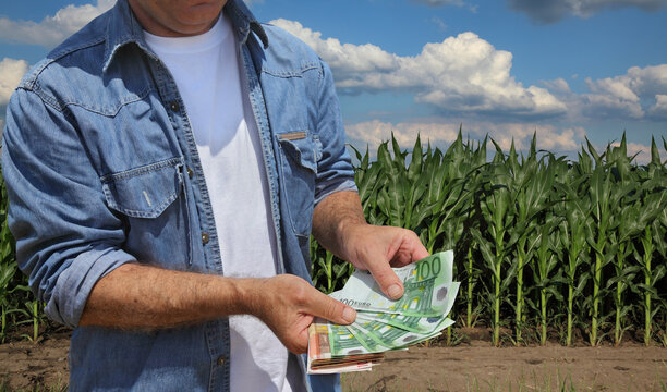 Farmer holding Euro banknote with green cultivated corn field sky and clouds in background, money and agriculture concept