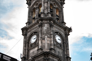 Clock tower, temple of Sanctuary Señor del Hospital, Salamanca Guanajuato Historic Center. Architecture concept.
