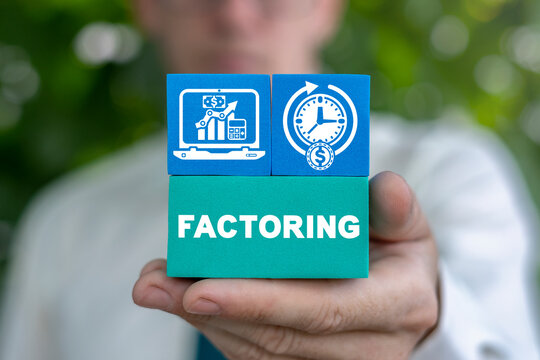 Concept of factoring. Factor men hold colorful blocks with factoring services concept.