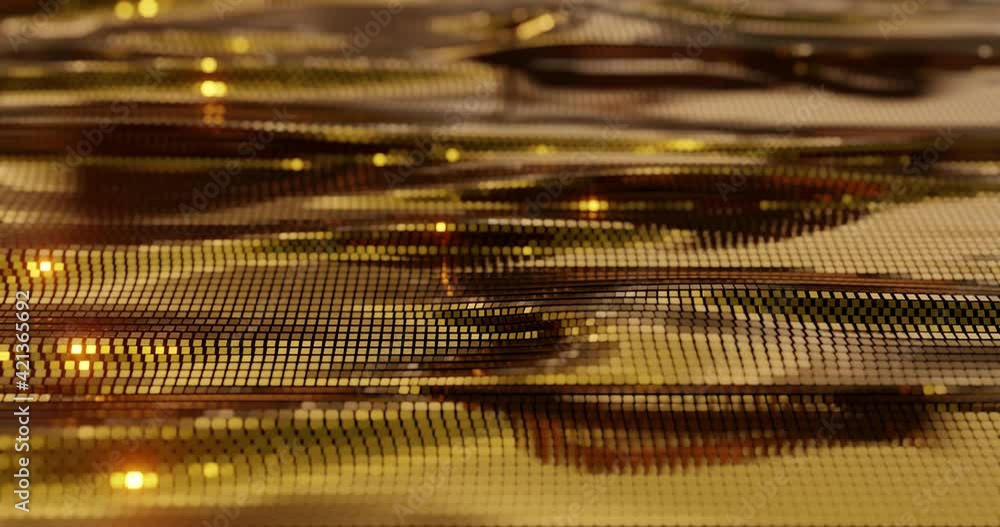 Poster metallic gold geometric abstract motion background with light sparkles and cube line patterns. seaml