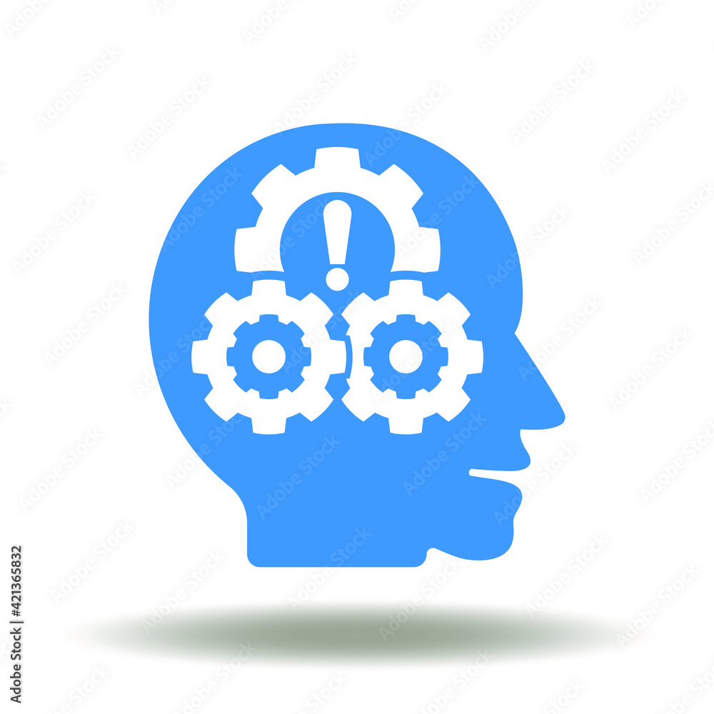 Poster head with gear mechanism and exclamation mark vector icon. soft skills management symbol.