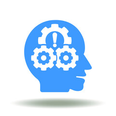 Head with gear mechanism and exclamation mark vector icon. Soft skills management symbol.