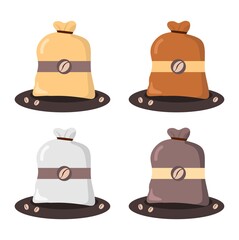 Vector illustration set of a sack containing lots of coffee beans, logos and icons, perfect for advertising coffee products