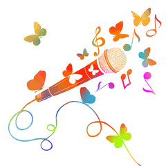 Multicolored microphone with butterflies and notes. Cartoon vector icon isolated on white background mic. Vector illustration