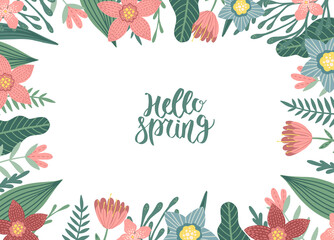 Fototapeta na wymiar Vector abstract spring background with copy space for text. Templates for event invitations, greeting cards. Flower designs in flat style.