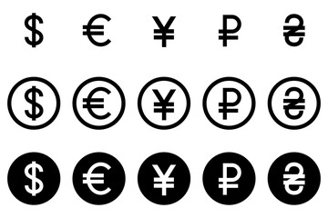 Currency signs of different countries. Set of vector currency symbols.