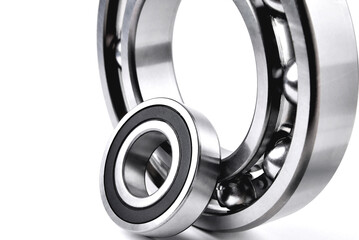 ball bearings on a white background, blank for creativity, close-up copy space