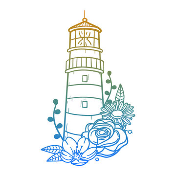 Lighthouse Rose Flower with Vintage Tower Design. Building Floral frame ornament vector style. Decoration Design Wreat illustration.