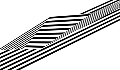 Abstract black and white stripes bent ribbon geometrical shape isolated on white background