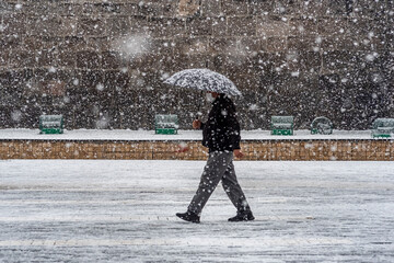 people walk on stret under snowfall