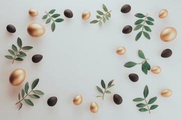 Easter flat lay composition. Luxury gold and black Easter eggs decorated green leaves on white table. Flat lay, top view copyspace