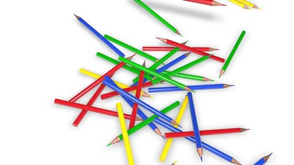 3d animation of colored pencils falling from above accumulating on the ground. And bouncing against each other. Vivid colors on white background.