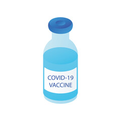 Medical vaccine vial bottle with label isolated vector, COVID-19 coronavirus pandemic or flu virus infection epidemic vaccination.