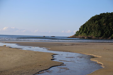 Seascape with beach sand, calm waters, sea, and tropical vegetation. 