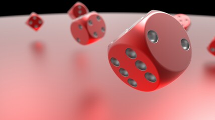 Rolling red-silver dices on red metallic plate under black background. 3D CG. 3D illustration. 3D high quality rendering.