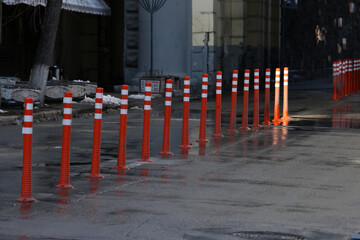 Red road dividers in the street