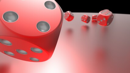 Rolling red-silver dices on red metallic plate under black background. 3D CG. 3D illustration. 3D high quality rendering.