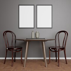 
Environment for ecommerce with decorative frames with dining table with classic chairs modern ceramic vases.