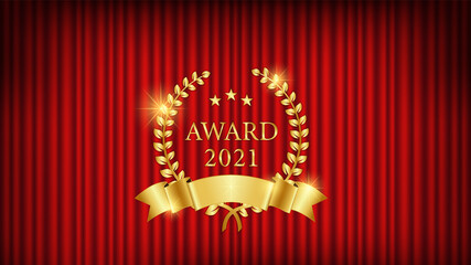 赤いカーテンに金色の月桂樹のラベルのベクターイラスト