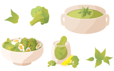 Dishes with broccoli in cartoon style. Broccoli cabbage, mint. Broccoli with mint smoothie. Broccoli puree soup, salad with egg and broccoli and herbs. Vector illustration