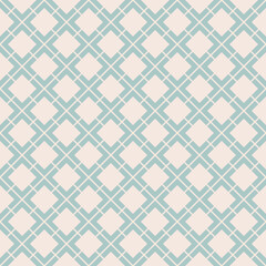 Vector geometric seamless pattern. Abstract vintage texture with big diamond shapes, rhombuses, squares, grid, lattice, grill, net. Stylish minimal background. Aqua green and beige colored design
