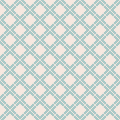 Vector geometric seamless pattern. Abstract vintage texture with big diamond shapes, rhombuses, squares, grid, lattice, grill, net. Stylish minimal background. Aqua green and beige colored design