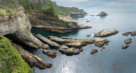 USA, Washington State. Rugged Cape Flattery, the most northwesterly tip of the contiguous USA, as...