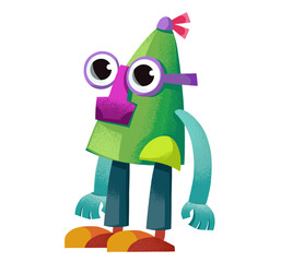 Robot with glasses clipart. Poster for the nursery. Halloween, space, aliens. Cute illustration in cartoon childish style. The image is isolated on a white background.