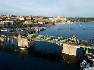 Fototapeta premium Aerial view of Portage Bay with the University Bridge in the foreground and the University of Washington in the background.
