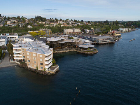 Aerial view of apartments and restaurants along Shilshole Bay, Seattle, Washington State.