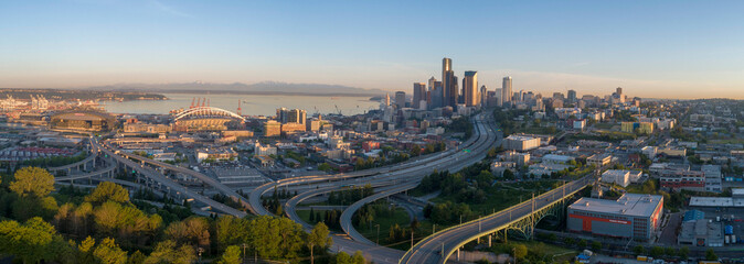 Sunrise view on Seattle, Elliott Bay and the Olympic Mountains as seen from Beacon Hill, Seattle,...