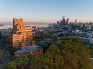 Sunrise view on Seattle, Elliott Bay and the Olympic Mountains as seen from Beacon Hill, Seattle,...
