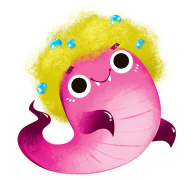 Pink monster in a yellow wig. Cute baby girl clipart. Poster for the nursery. Halloween, space, aliens. Cute illustration in cartoon childish style. The image is isolated on a white background.