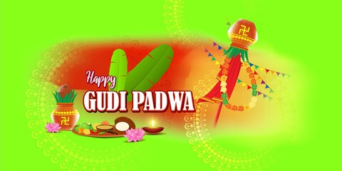 Vector illustration concept of Happy Ugadi greeting with kalasha and traditional food. Also called Gudi Padwa. South Indian New Year's Day.