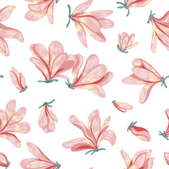Naklejka na ściany i meble Blooming magnolia flowers seamless pattern. Hand drawn vector illustration. Spring season botanical background. Colored vintage ornament. Design for fabric, textile, wallpaper, print, decor, wrap.