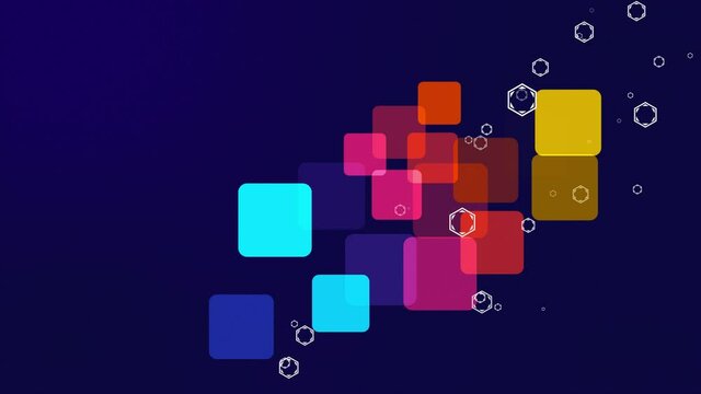 Looping video with colourful shapes on the dark blue background.
