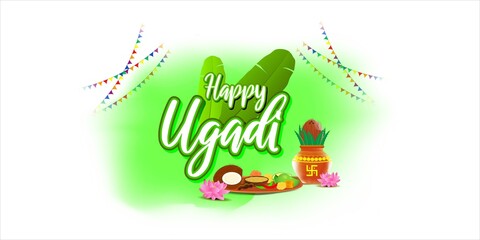 Vector illustration concept of Happy Ugadi greeting with kalasha and traditional food. Also called Gudi Padwa. South Indian New Year's Day.