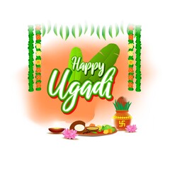 Vector illustration concept of Happy Ugadi greeting with kalasha and traditional food. Also called Gudi Padwa. South Indian New Year's Day.