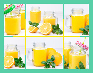 Collage Orange juice and green leaves on a green background.A bottle of orange juice and orange fruit. Healthy food. Vegan food. Diet and proper nutrition.