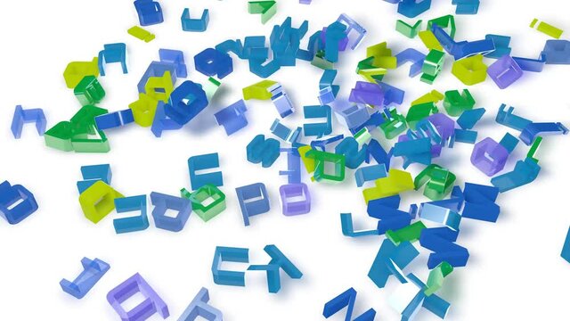 3d animation of objects of the plastic letters of the alphabet falling from above accumulating on the ground. Bright blue colors on white background.