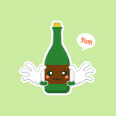 cute and kawaii wine bottles over green background, colorful design. flat design vector illustration. Cartoon kawaii Champagne with Smile and Smiling eyes. Cute Champagne bottle