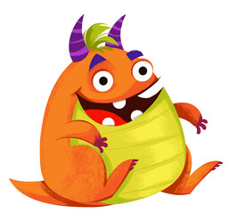 Alien orange sits fat man clipart. The monster is fluffy. Poster for the nursery. Halloween, space, aliens. Cute illustration in cartoon childish style. The image is isolated on a white background.