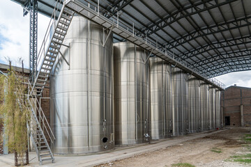 Stainless steel wine silos in Argentina in the Argentinean region of Mendoza