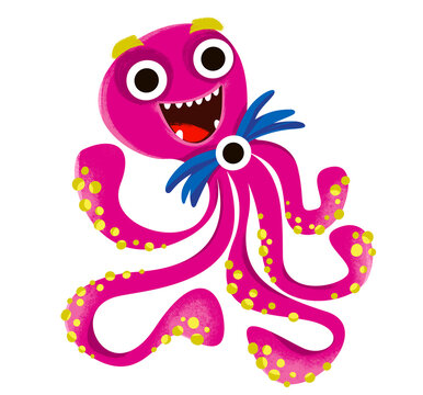 Alien pink clipart. A monster with tentacles in the form of an octopus. The bow tie. Poster for the nursery. Halloween, space, aliens. Cute illustration in cartoon childish style. The image is isolate