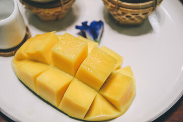 Mango with sticky rice and coconut milk , Tropical fruit. Thai dessert. Dessert fruit.