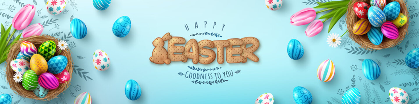 Easter Poster And Flyer Template with Easter eggs in the nest and Font of cracker biscuits on bule background.Greetings and presents for Easter Day in flat lay styling.banner template for Easter day