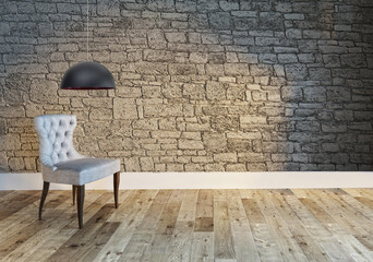 bright empty interior design, stone wall. 3D illustration